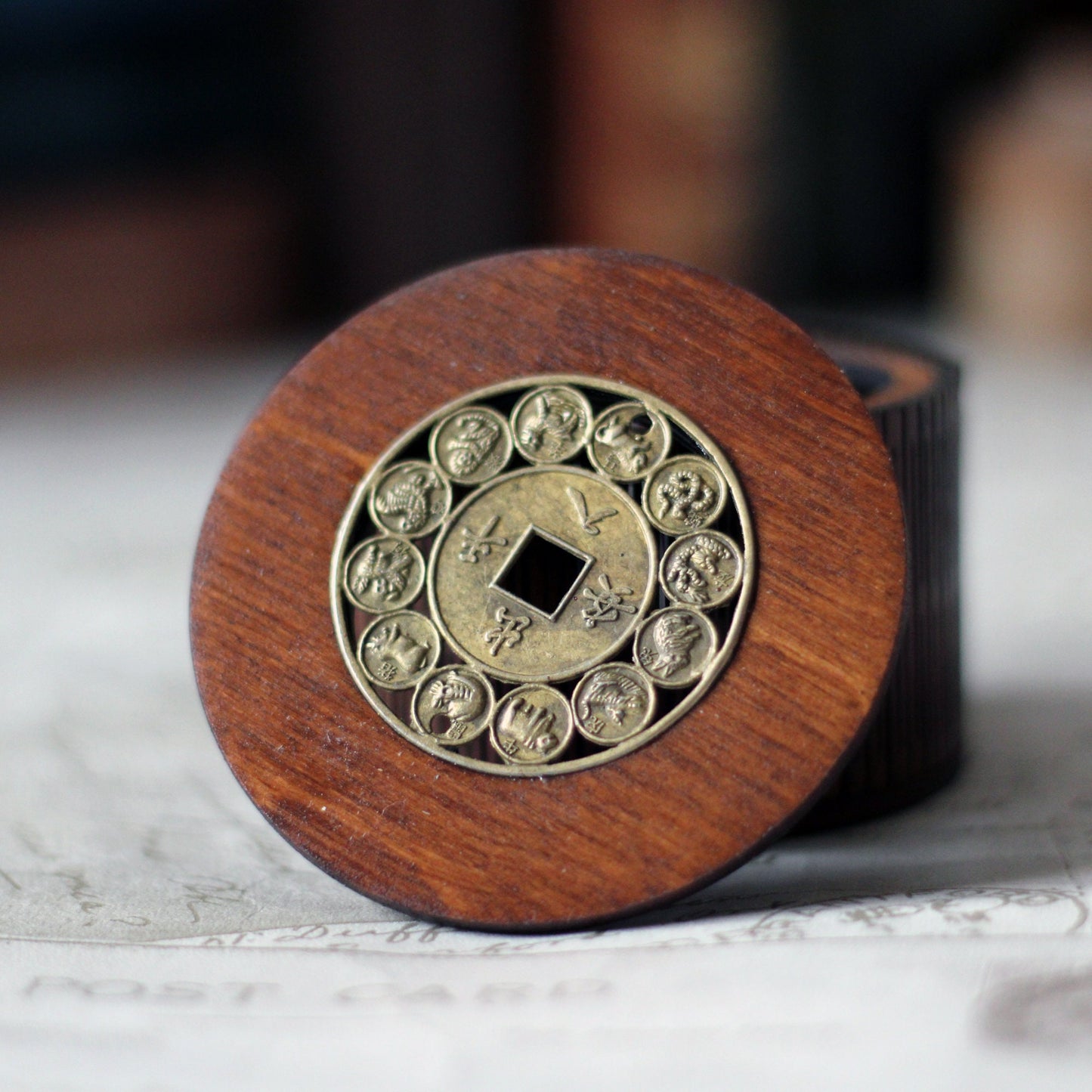 Chinese Zodiac Amulet Personalised wooden keepsake box with living hinge side, gothic jewellery box, Victorian style custom trinket