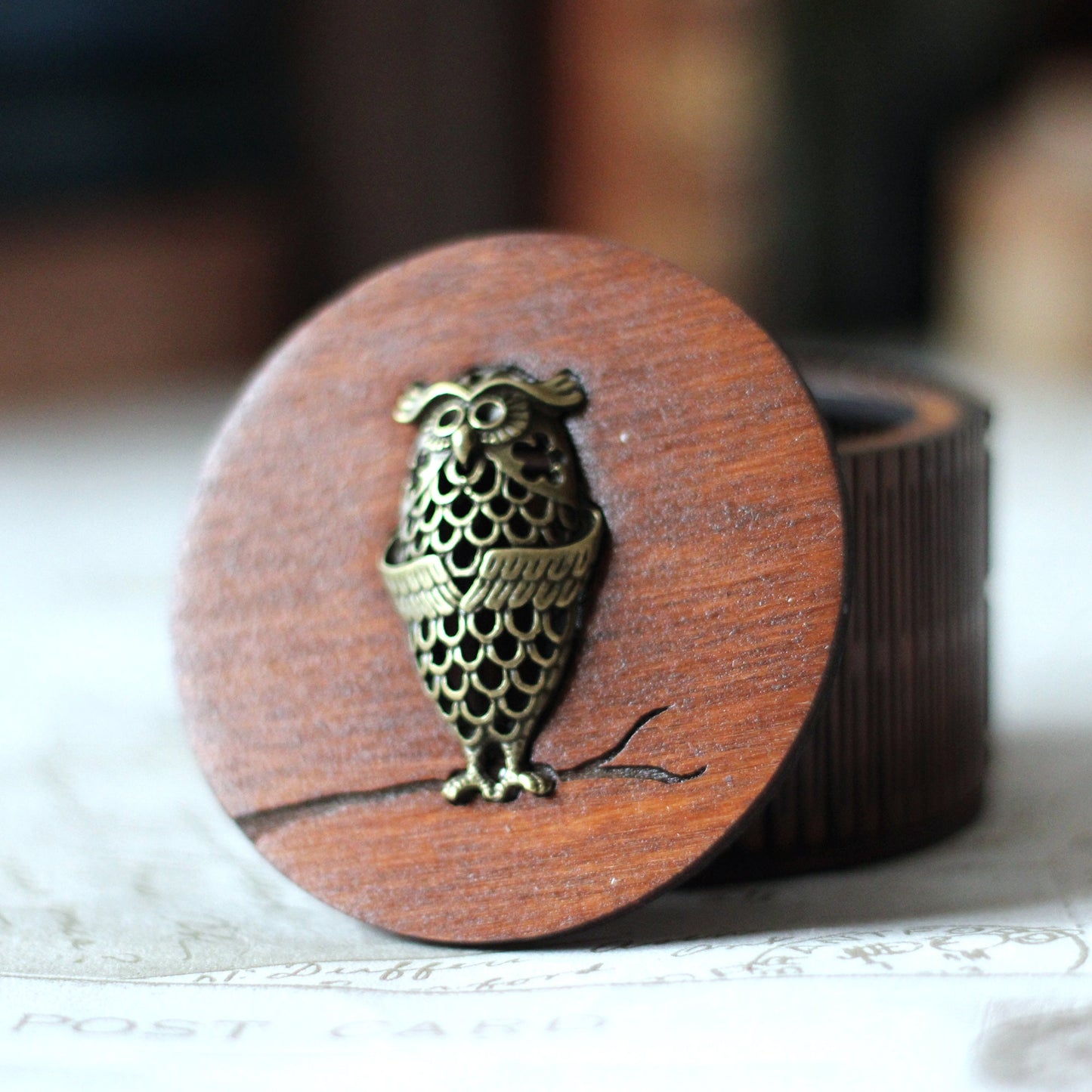 Owl Charm Design Personalised wooden keepsake box with living hinge side, gothic jewellery box, Victorian style custom trinket