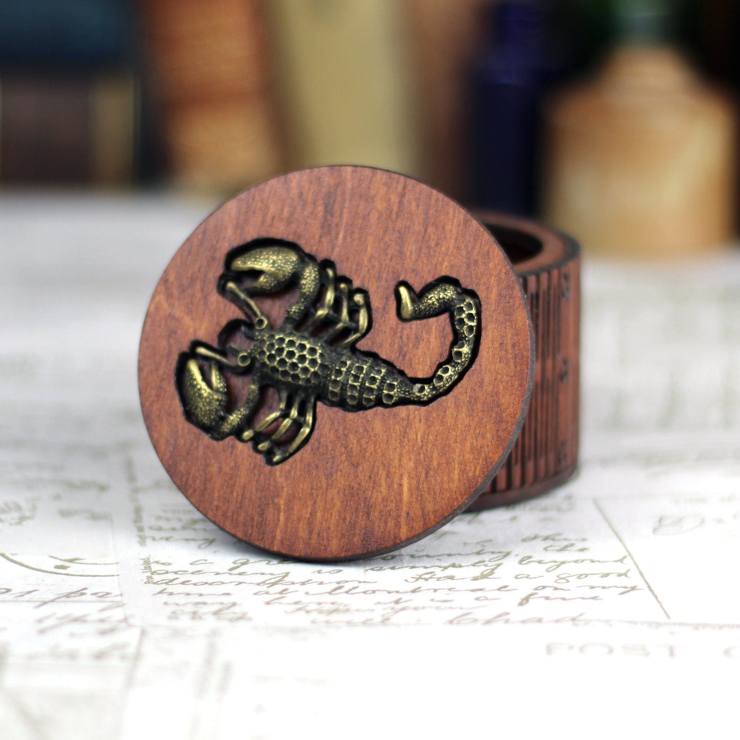 Scorpion Charm Design Personalised wooden keepsake box with living hinge side, a gothic jewellery box, Victorian style custom wood trinket