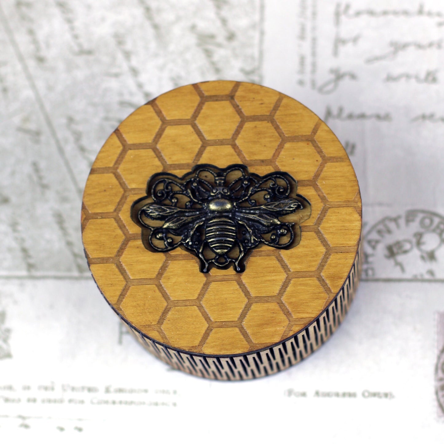 Bee Charm In Honeycomb Design Personalised wooden keepsake box, a gothic jewellery box, Victorian style custom wood trinket
