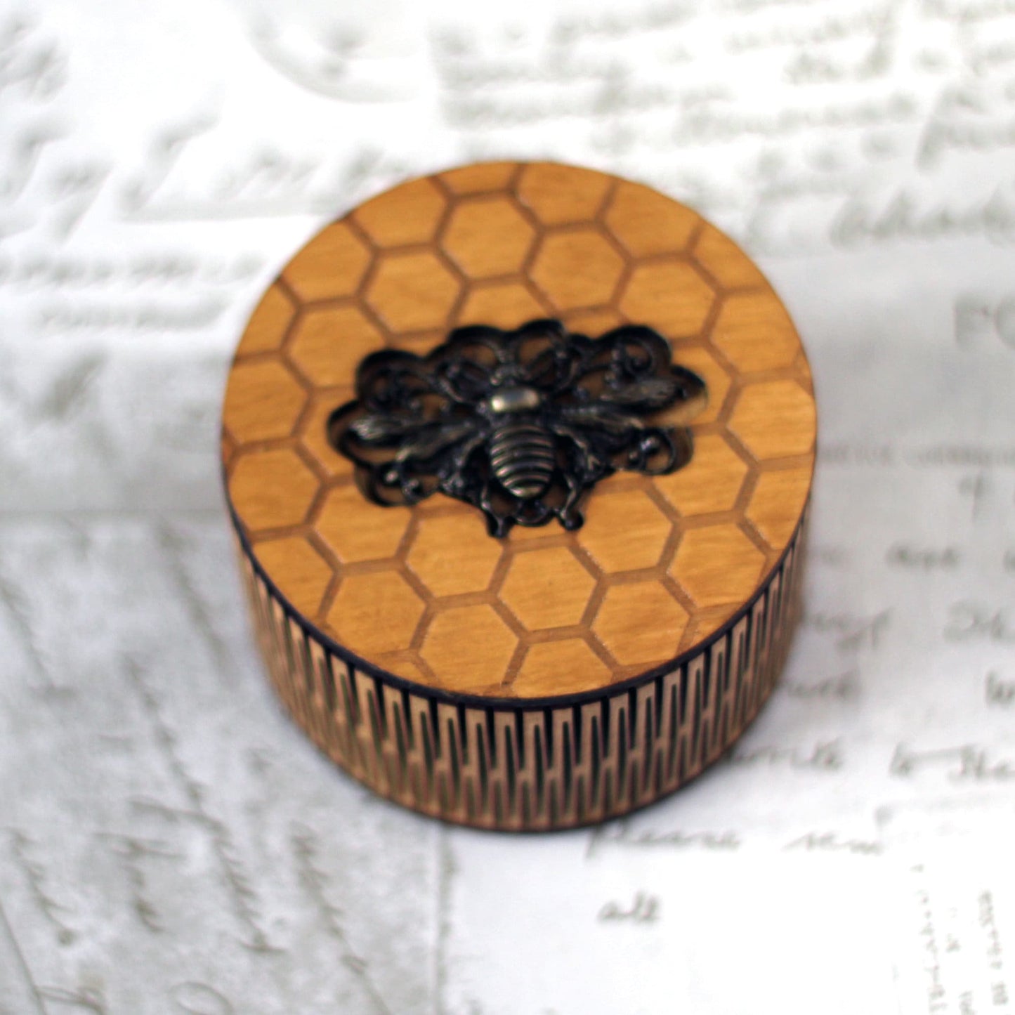 Bee Charm In Honeycomb Design Personalised wooden keepsake box, a gothic jewellery box, Victorian style custom wood trinket