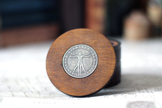 Leonardo da Vinci's Vitruvian Man coin design personalised wooden keepsake box. A gothic jewellery box, Victorian style custom wood trinket