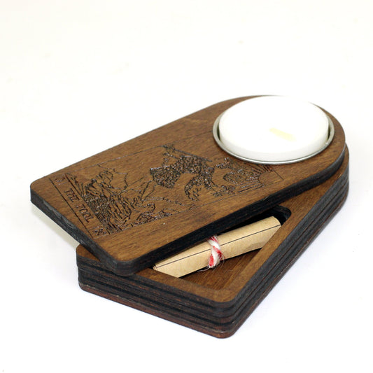Engraved wooden candle holder with The Fool Tarot card and secret compartment, it holds tea light candle or nightlight, great gothic gift