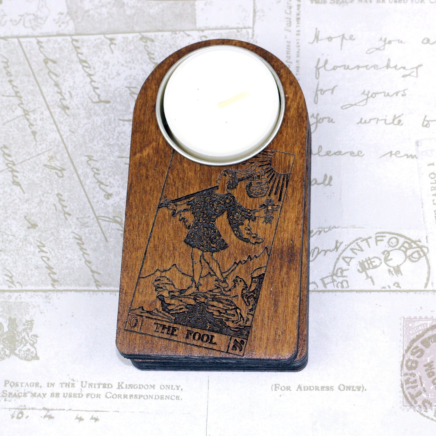 Engraved wooden candle holder with The Fool Tarot card and secret compartment, it holds tea light candle or nightlight, great gothic gift