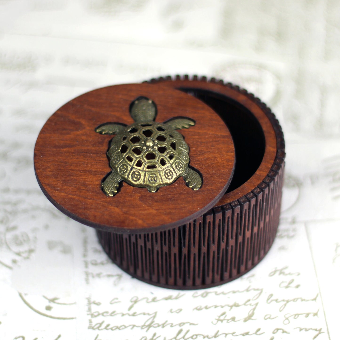Turtle or Tortoise Charm Design Personalised wooden keepsake box with living hinge side, gothic jewellery box, Victorian custom wood trinket