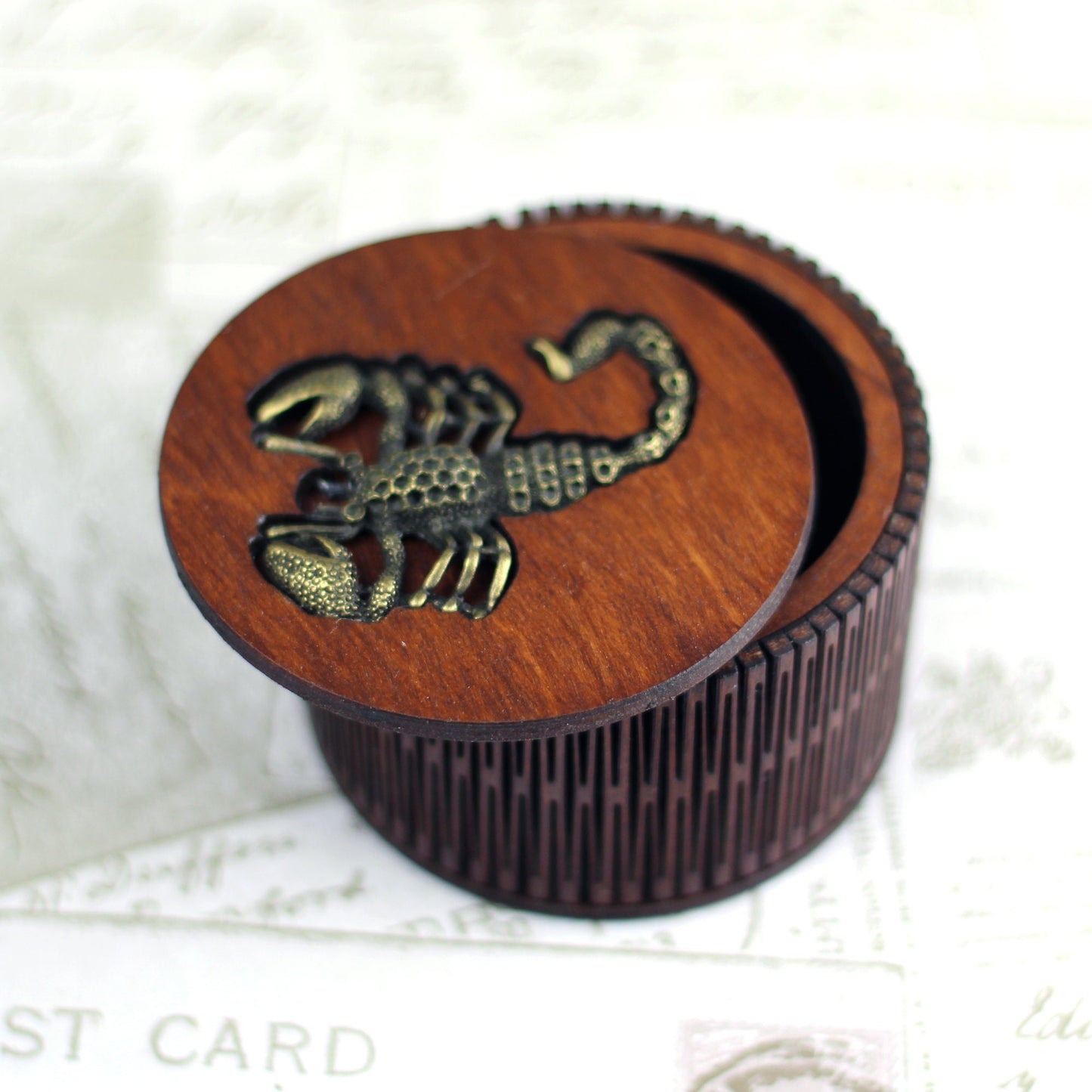 Scorpion Charm Design Personalised wooden keepsake box with living hinge side, a gothic jewellery box, Victorian style custom wood trinket