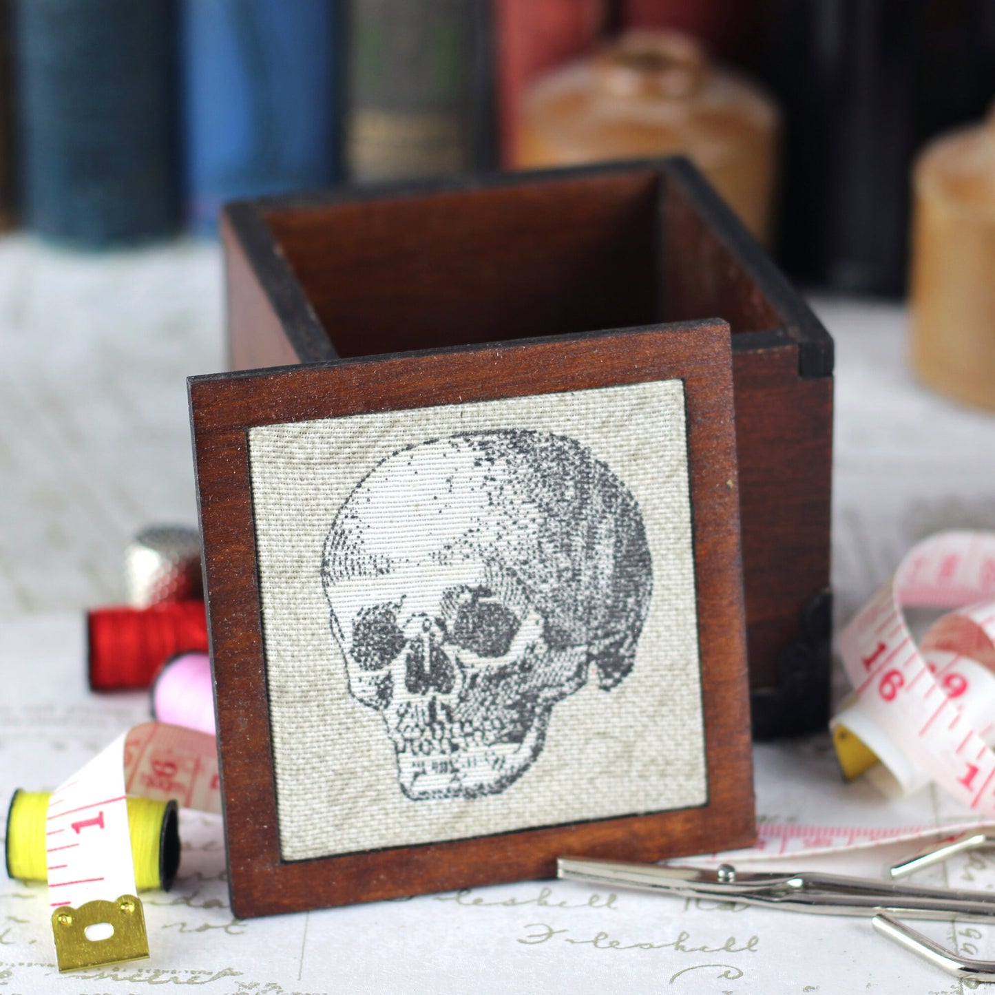 Skull Design Wooden Pin Cushion Sewing Box
