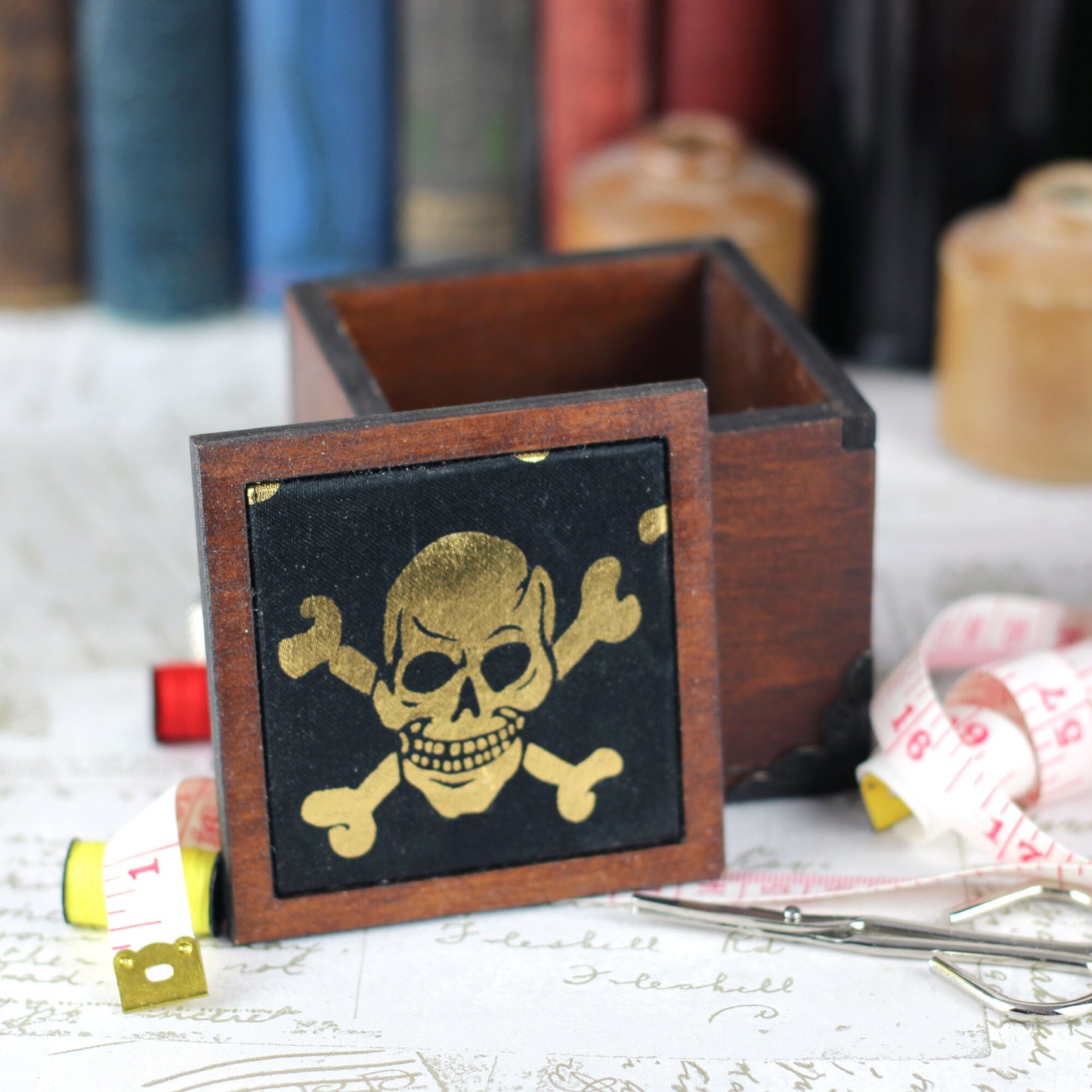 Pirate Skull Fabric Covered Wooden Pin Cushion Sewing Box