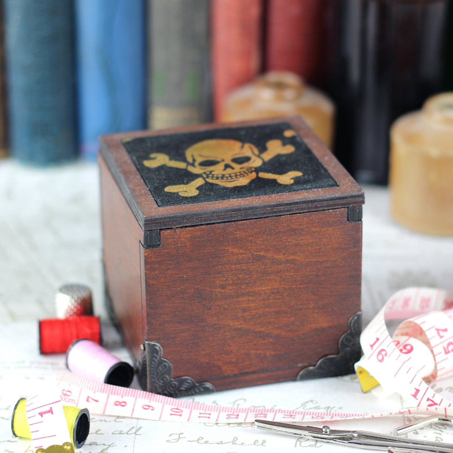Pirate Skull Fabric Covered Wooden Pin Cushion Sewing Box