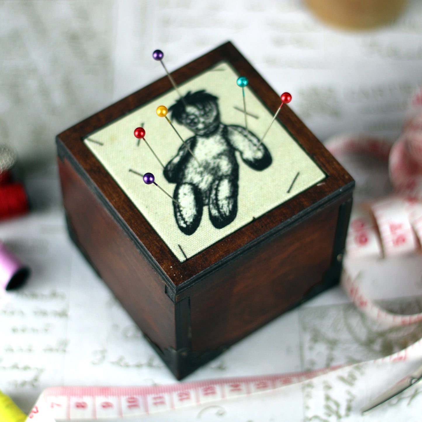 Voodoo Doll Fabric Covered Wooden Pin Cushion Sewing Box