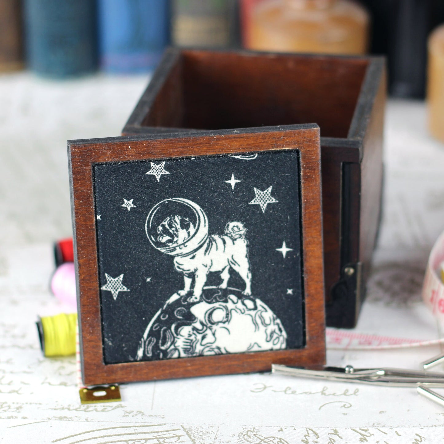 Pug Dog In Space Wooden Pin Cushion Sewing Box