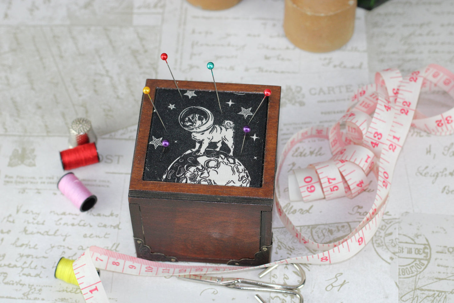 Pug Dog In Space Wooden Pin Cushion Sewing Box