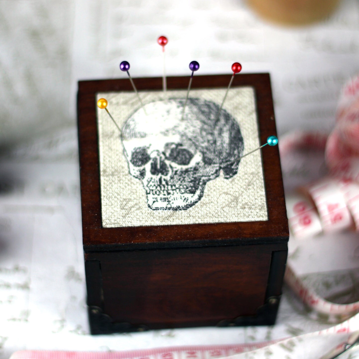 Skull Design Wooden Pin Cushion Sewing Box