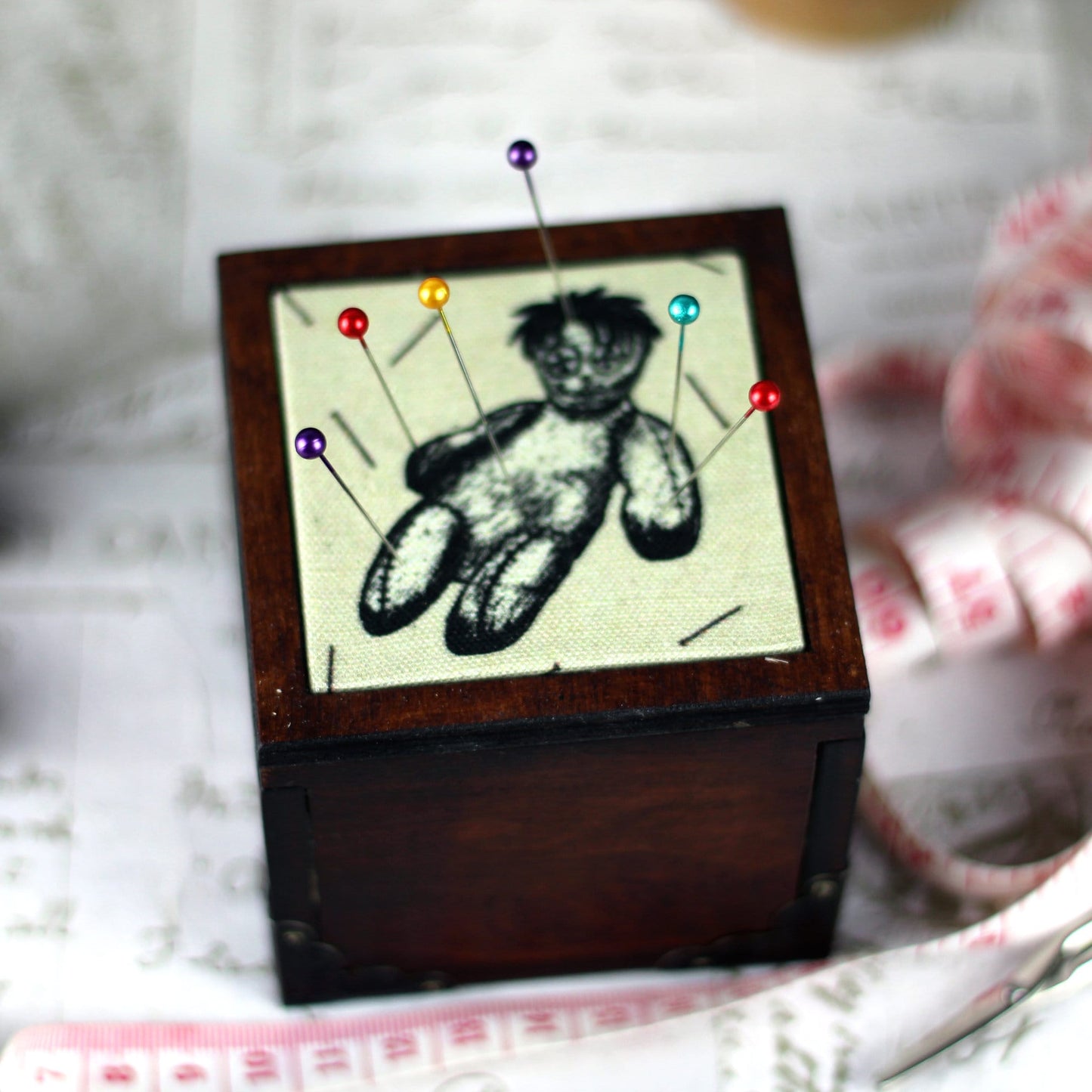 Voodoo Doll Fabric Covered Wooden Pin Cushion Sewing Box