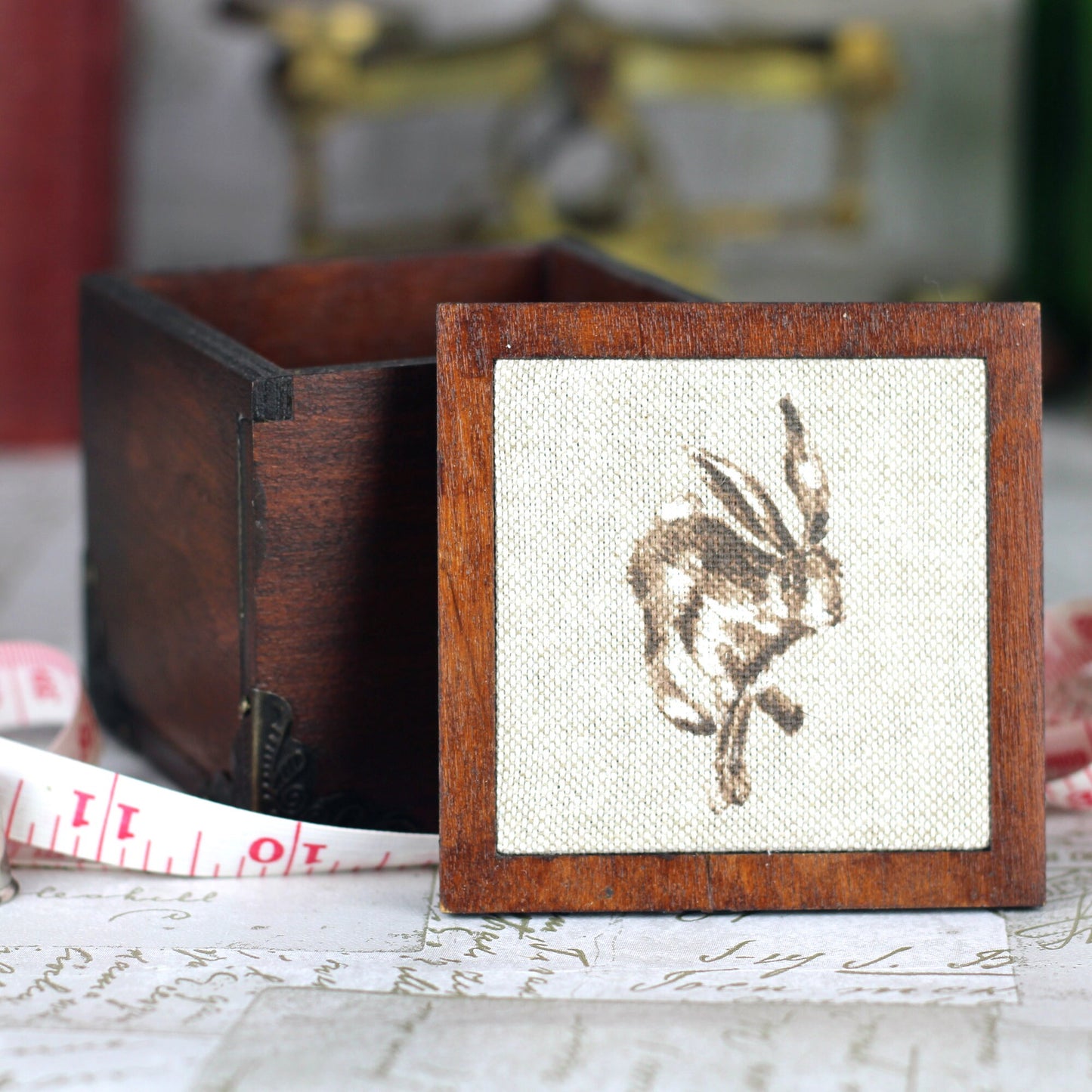 Hare Design Wooden Pin Cushion Sewing Box