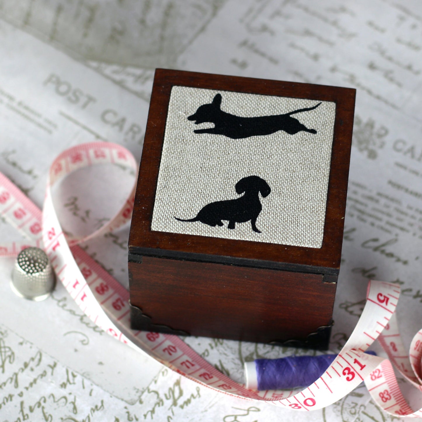 Dachshund Sausage Dog Design Wooden Pin Cushion Sewing Box