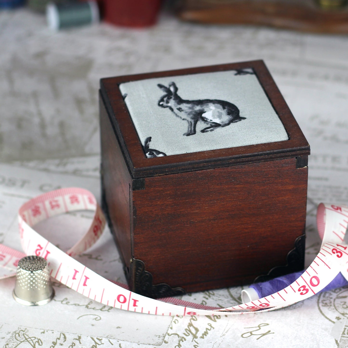 Rabbit Design Wooden Pin Cushion Sewing Box
