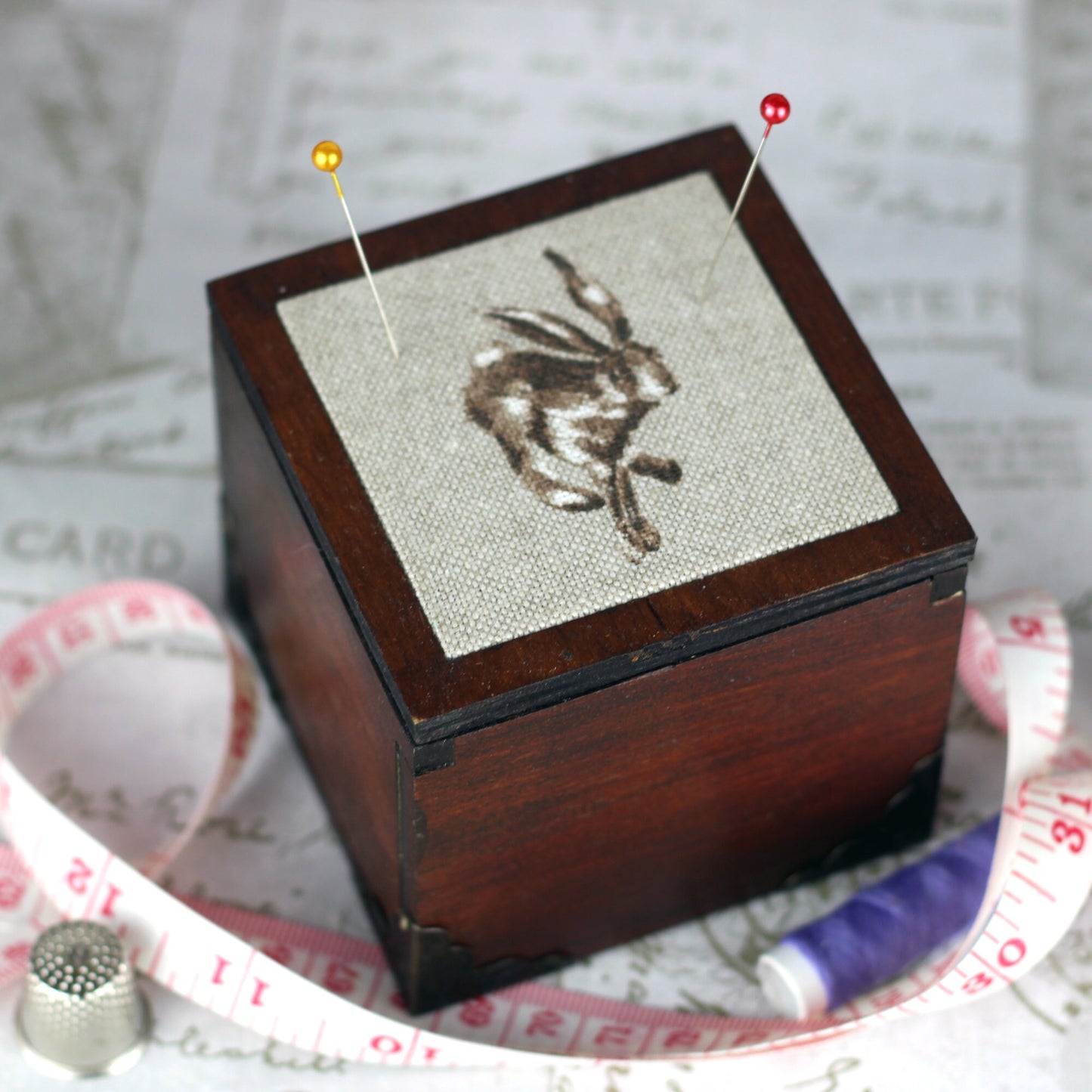 Hare Design Wooden Pin Cushion Sewing Box