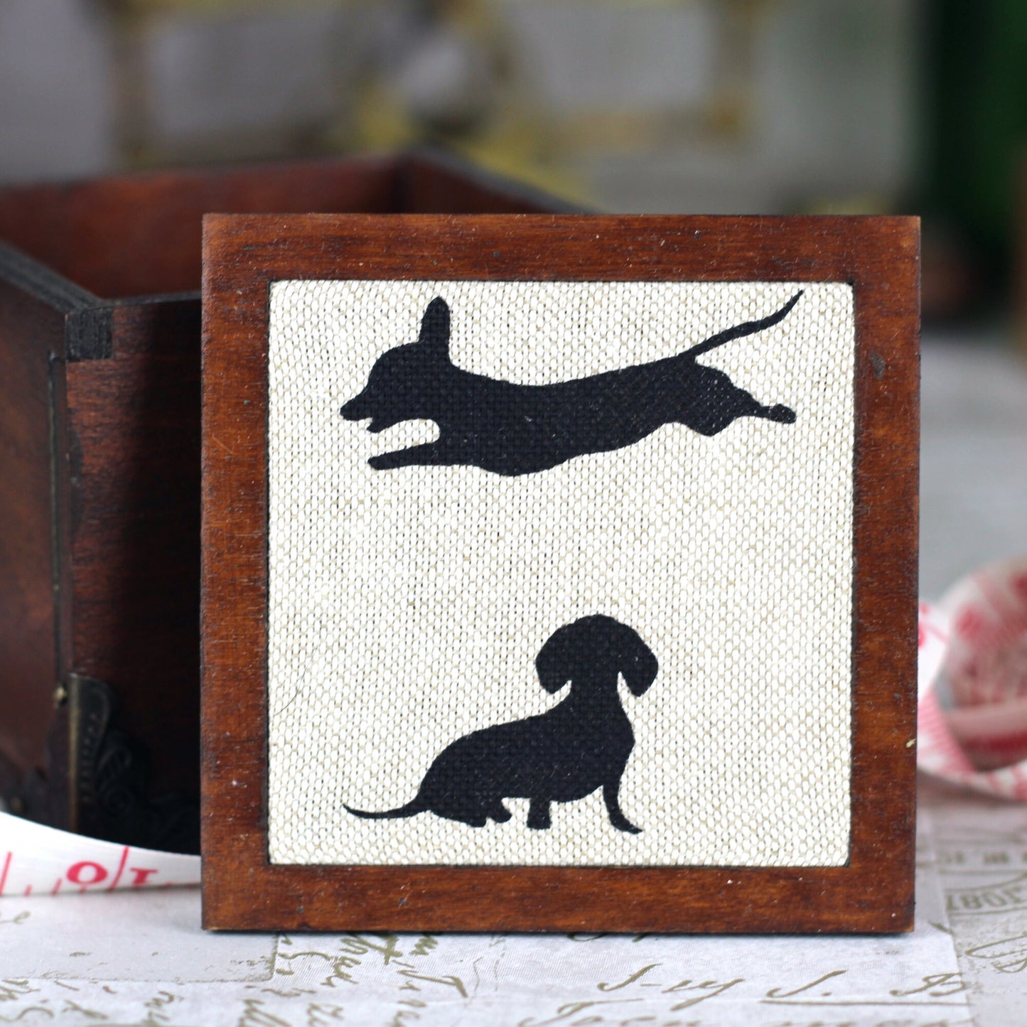 Dachshund Sausage Dog Design Wooden Pin Cushion Sewing Box