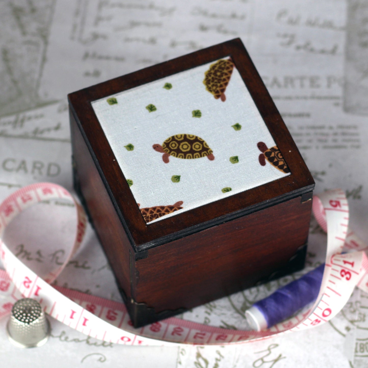 Tortoise Design Wooden Pin Cushion Sewing Box