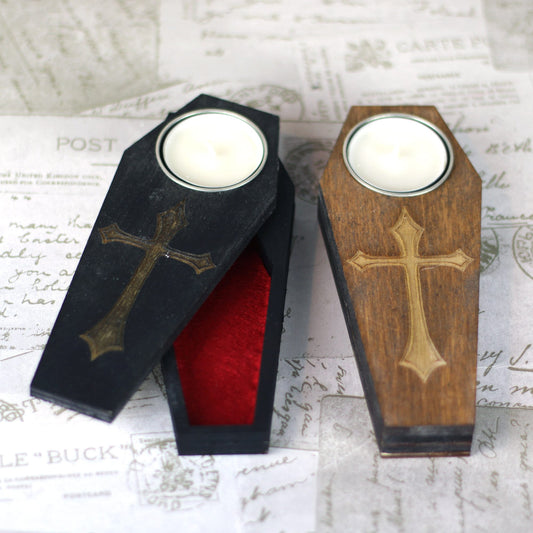 Engraved coffin candle holder with secret compartment, it holds tea light candle or nightlight, great gothic gift