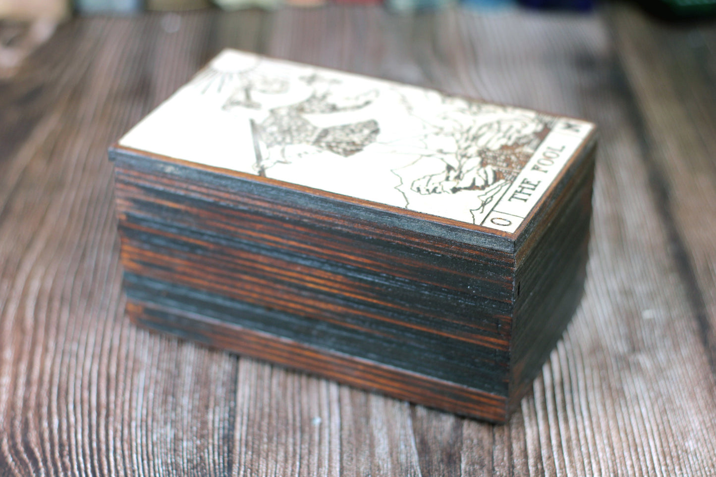 Wooden Tarot card jewelry box with The Fool card design. A handmade keepsake box for trinkets or jewellery.