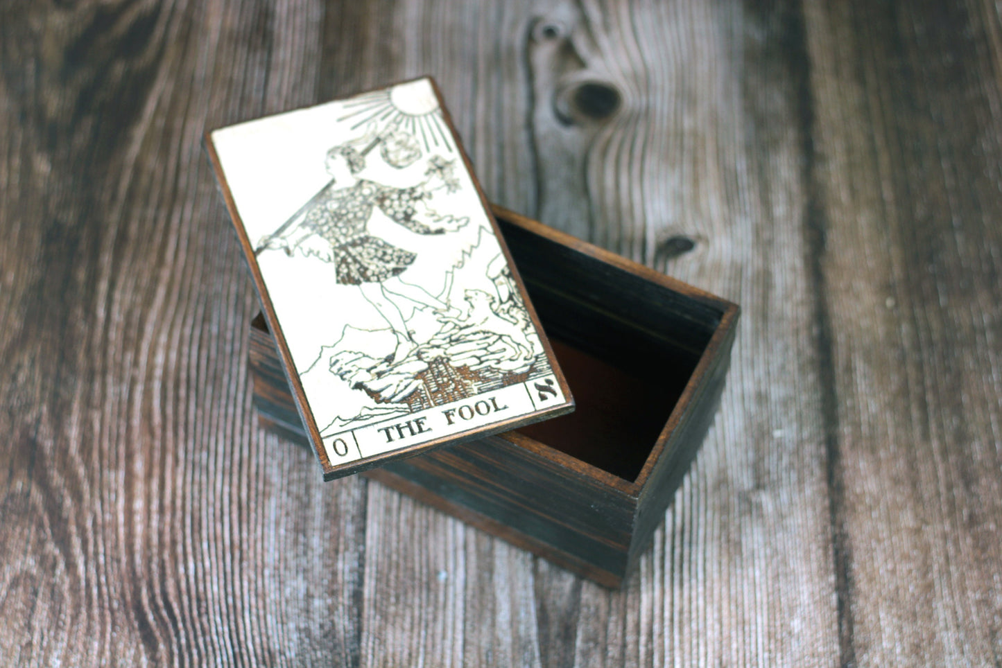 Wooden Tarot card jewelry box with The Fool card design. A handmade keepsake box for trinkets or jewellery.