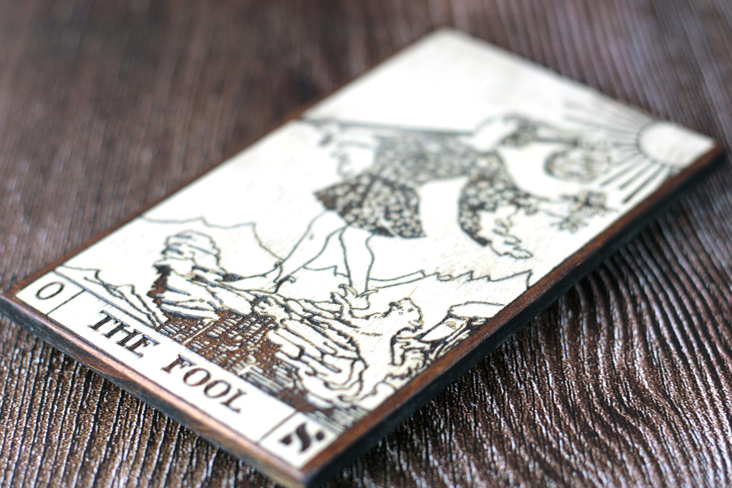 Wooden Tarot card jewelry box with The Fool card design. A handmade keepsake box for trinkets or jewellery.