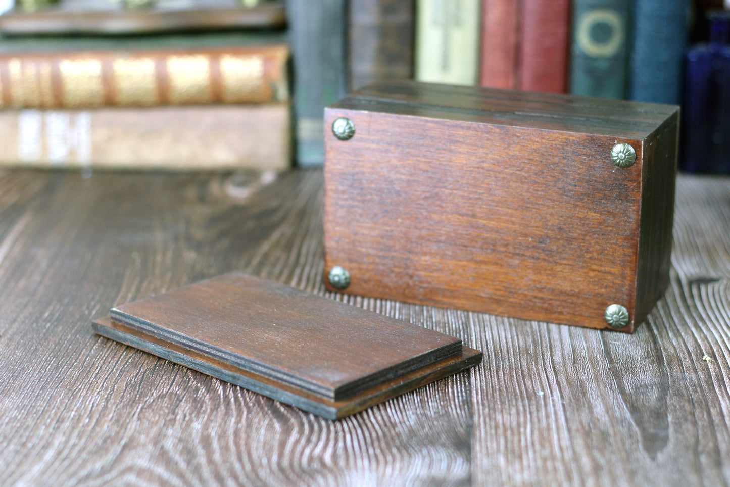 Wooden Tarot card jewelry box with The Fool card design. A handmade keepsake box for trinkets or jewellery.