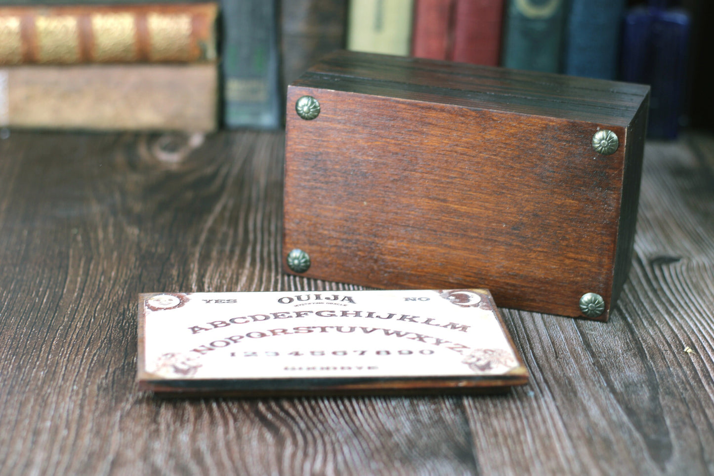 Wooden Tarot card box with Ouija board design. A Ouija board keepsake box for Tarot cards or jewellery box, custom Tarot deck for Wicca