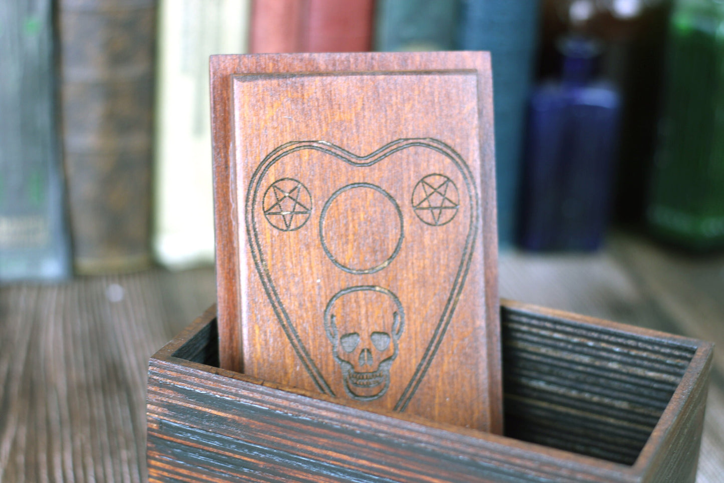 Wooden Tarot card box with Ouija board design. A Ouija board keepsake box for Tarot cards or jewellery box, custom Tarot deck for Wicca