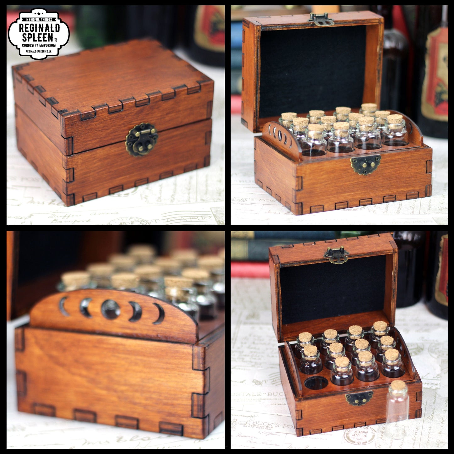 Wooden apothecary chest for potions or essential oil storage box with 12 glass bottles, cork stoppers and labels
