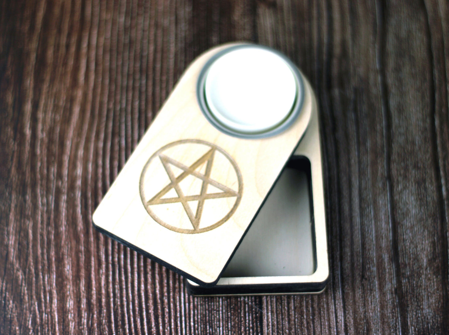 Wooden Wicca candle holder with engraved pentagram and secret compartment, it holds tea light candle or nightlight