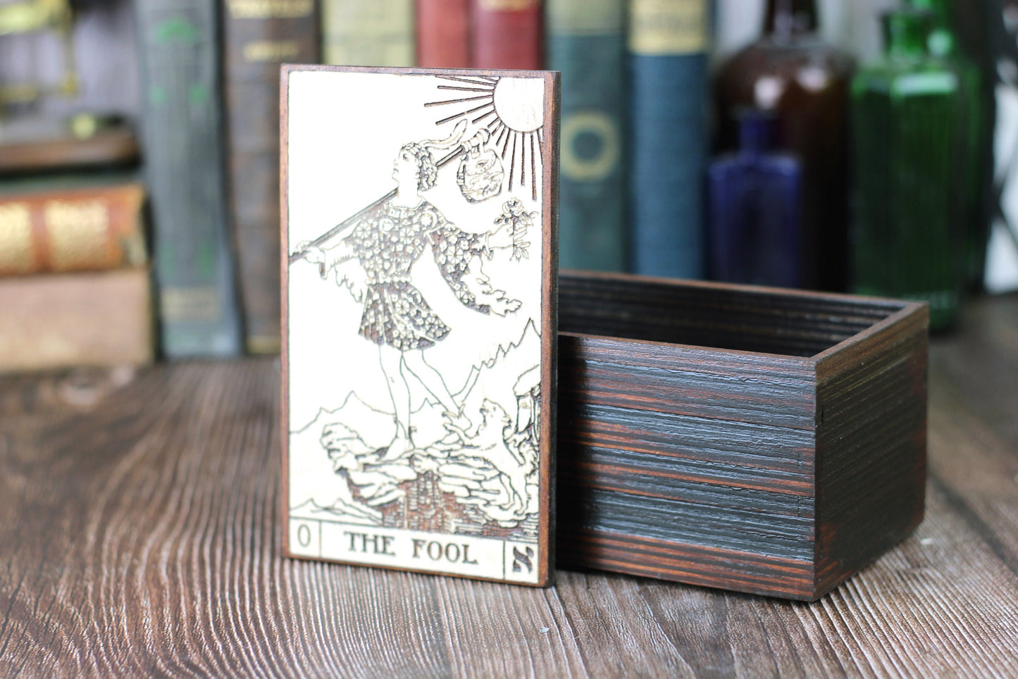 Wooden Tarot card jewelry box with The Fool card design. A handmade keepsake box for trinkets or jewellery.