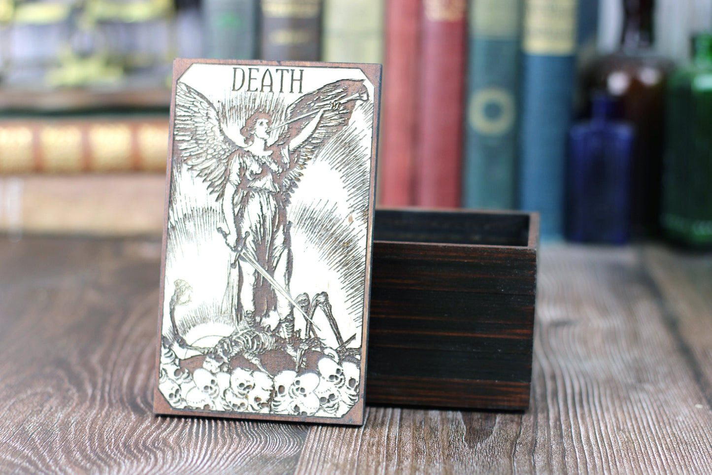 Wooden Tarot card box with death card design. A death card keepsake box for Tarot cards or jewellery box, custom Tarot deck for Wicca