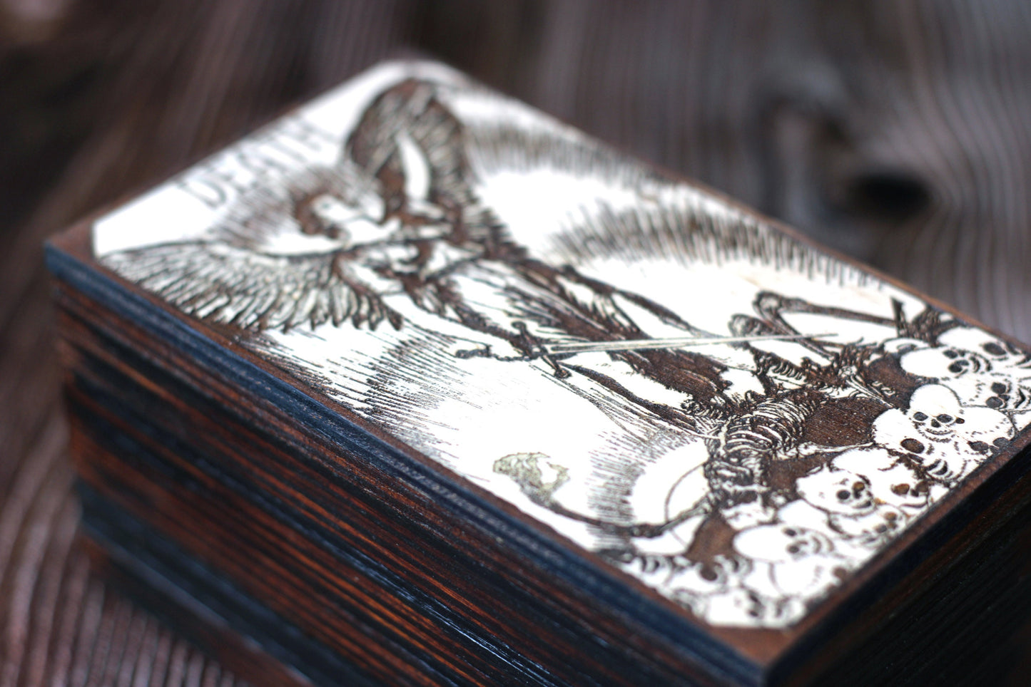 Wooden Tarot card box with death card design. A death card keepsake box for Tarot cards or jewellery box, custom Tarot deck for Wicca