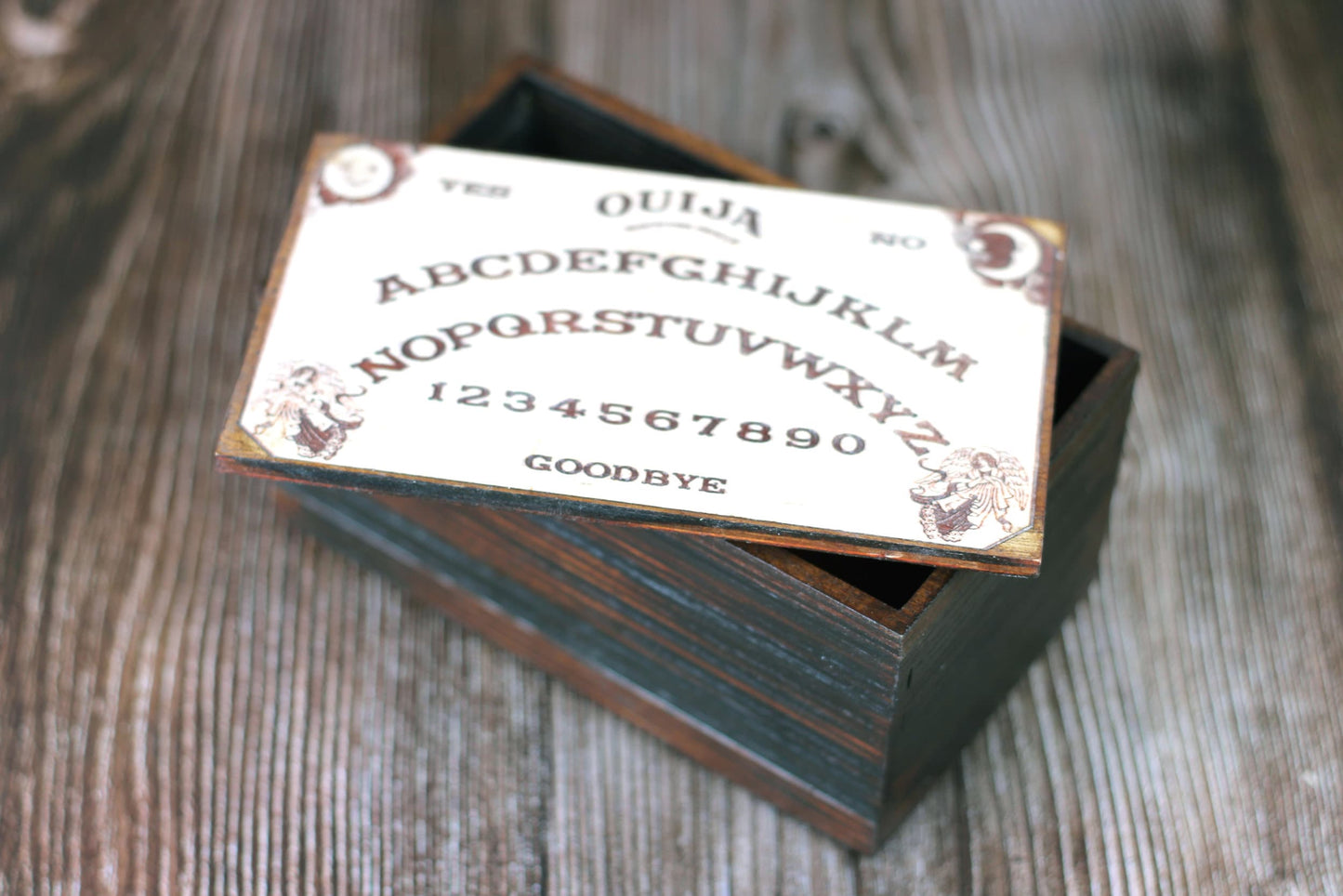 Wooden Tarot card box with Ouija board design. A Ouija board keepsake box for Tarot cards or jewellery box, custom Tarot deck for Wicca