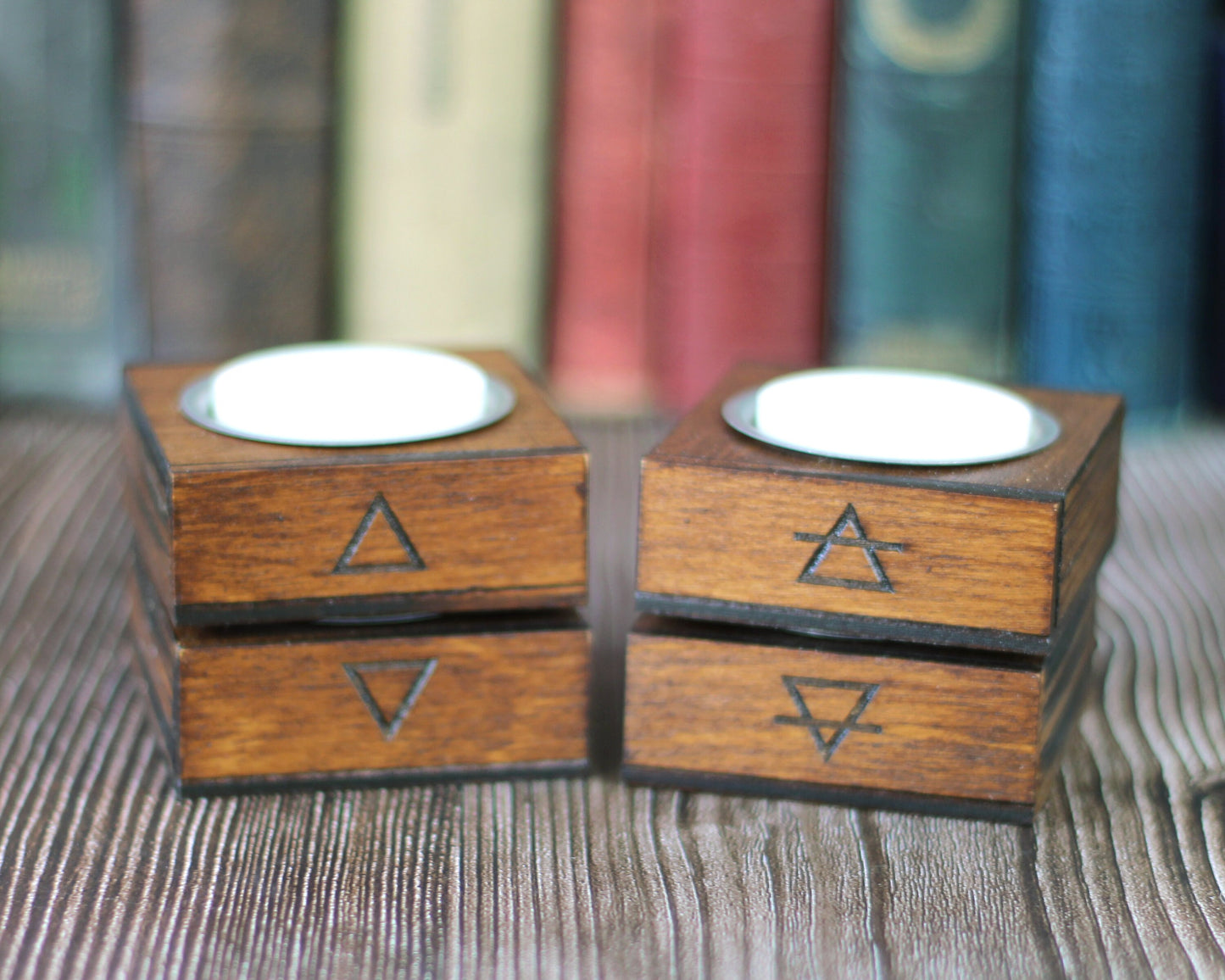 Wooden Wicca elemental candle holders for wiccan or pagan altar tools. Ritual candle holders great witchcraft starter kit or Wicca gift.