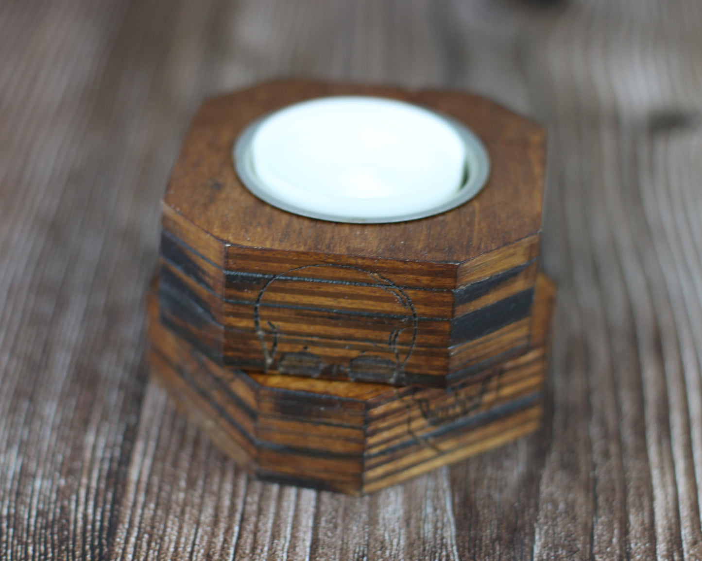 Secret compartment wooden candle holder with engraved skull, stash your valuables safely in the hidden tin