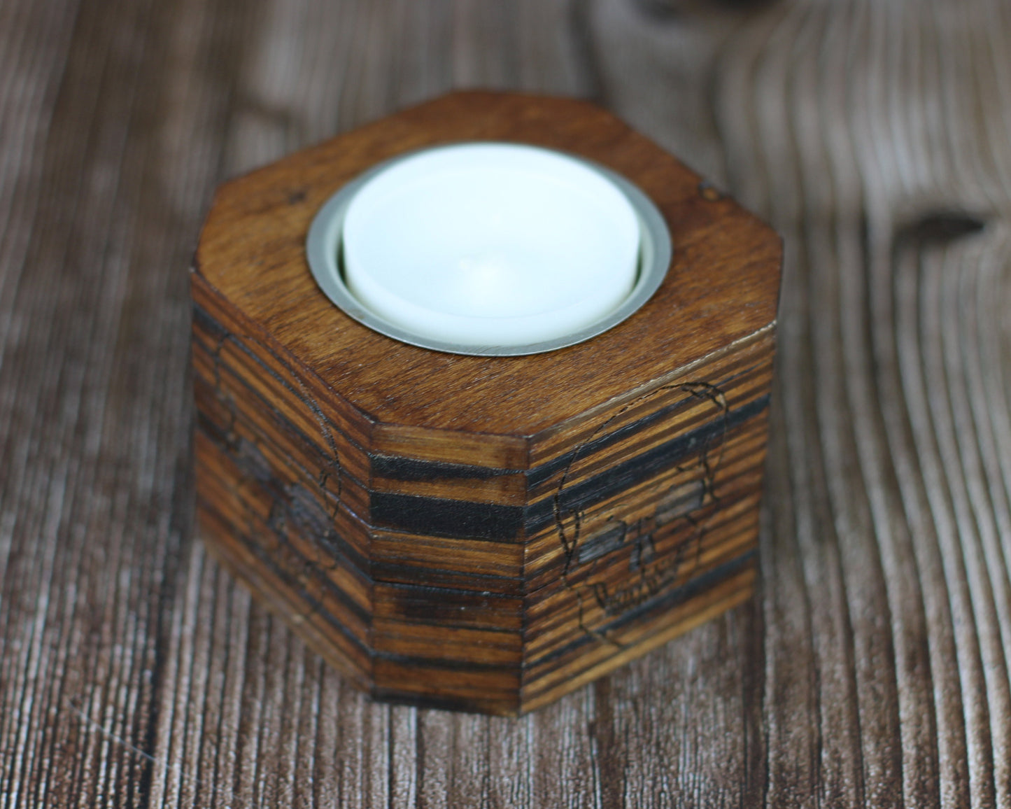Secret compartment wooden candle holder with engraved skull, stash your valuables safely in the hidden tin