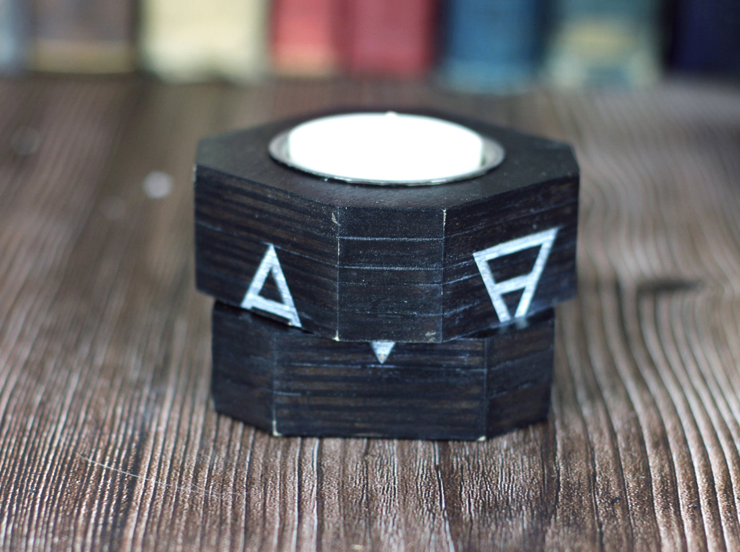 Secret compartment wooden candle holder with engraved Wicca elemental symbols, stash your valuables safely in the hidden tin