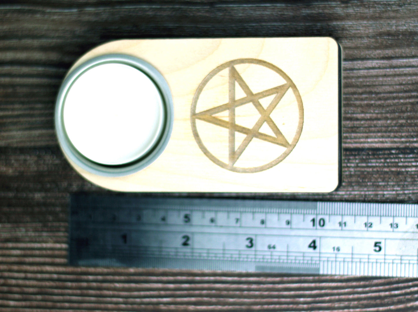 Wooden Wicca candle holder with engraved pentagram and secret compartment, it holds tea light candle or nightlight