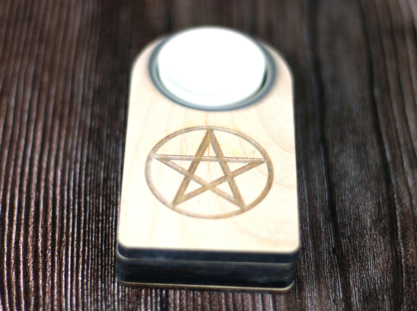 Wooden Wicca candle holder with engraved pentagram and secret compartment, it holds tea light candle or nightlight