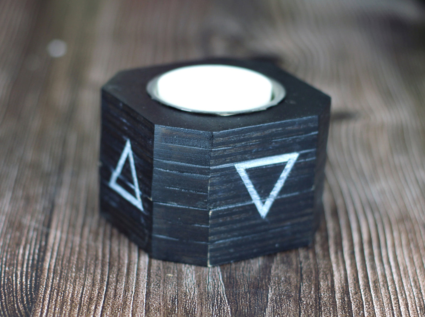 Secret compartment wooden candle holder with engraved Wicca elemental symbols, stash your valuables safely in the hidden tin