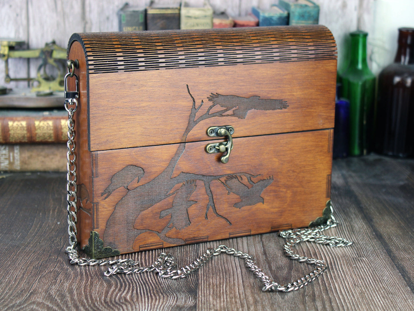 Wooden shoulder handbag with engraved gothic crow design, vegan purse