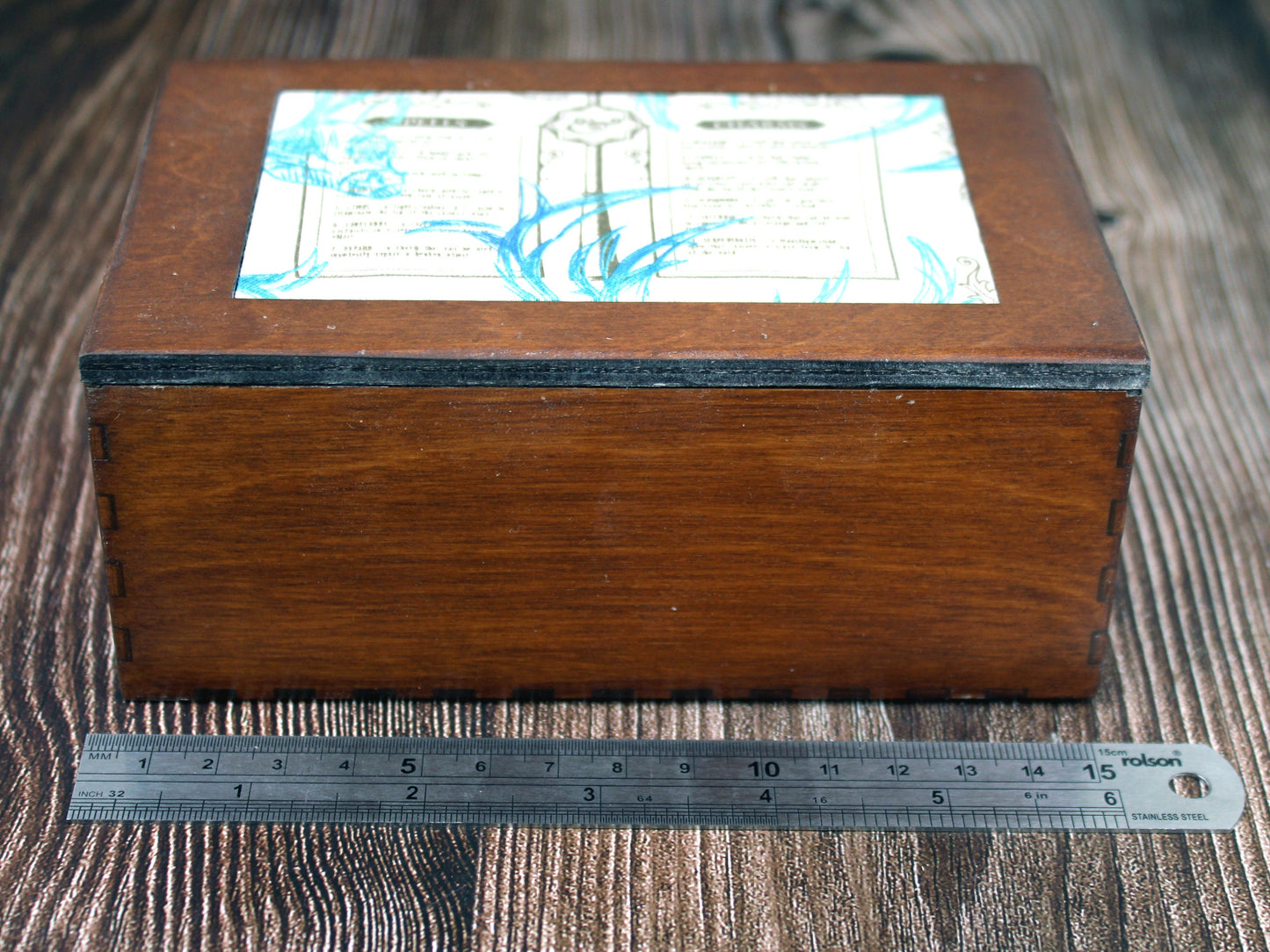 Wooden Wicca walnut stained box with fabric spell and charm lid