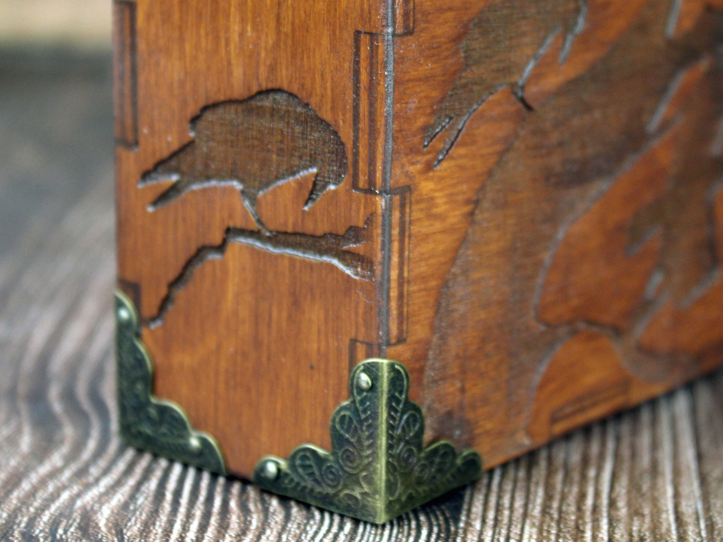 Wooden shoulder handbag with engraved gothic crow design, vegan purse