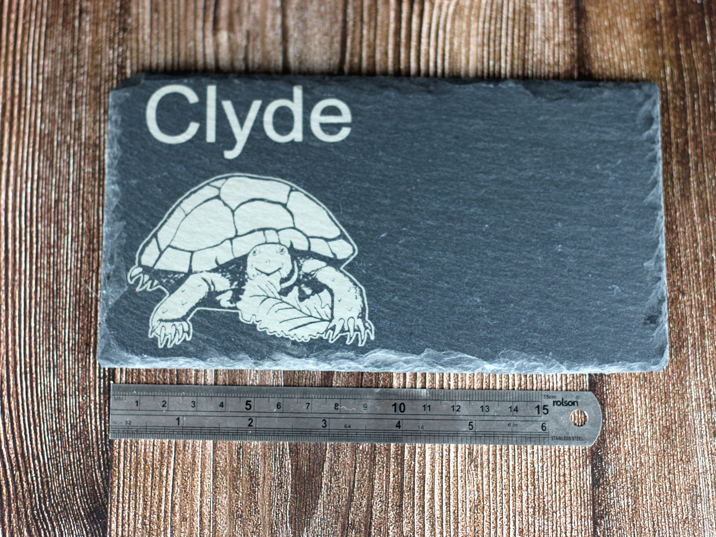 Rectangular personalised tortoise feeding slate or basking stone with happy tortoise picture