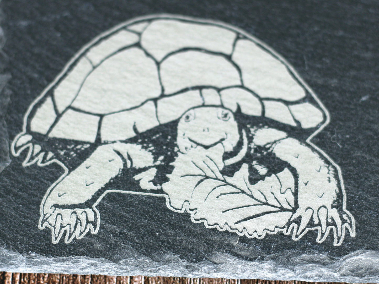 Personalised tortoise feeding slate or basking stone with happy tortoise picture