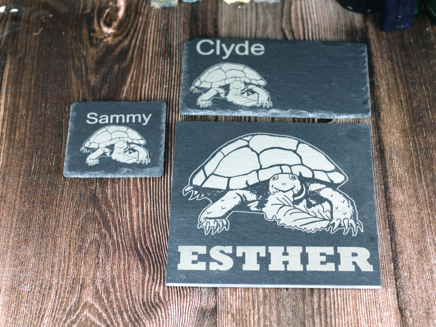 Small personalised tortoise feeding slate or basking stone with happy tortoise picture